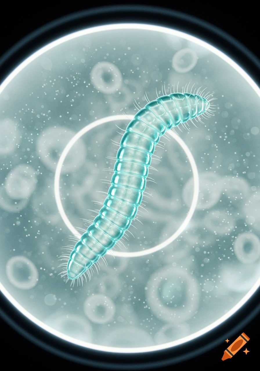 A close-up view of a translucent, segmented worm with bristles, seen through a microscope against a teal, cellular background.