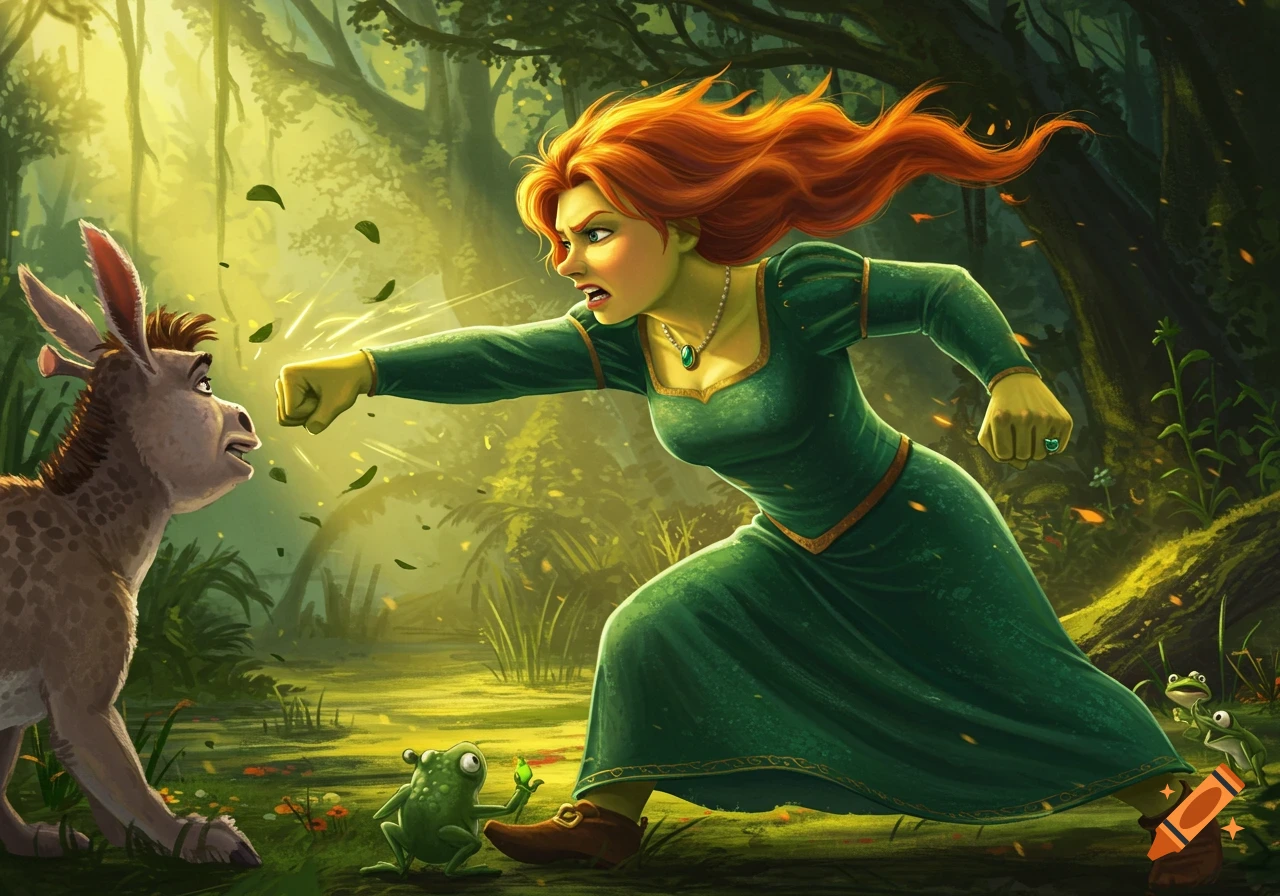 Ogre-form Fiona in a green dress and red hair, in a fighting stance, appearing to punch Donkey in a magical forest.