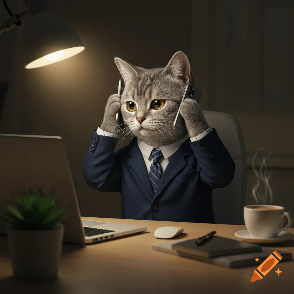 A photorealistic cat in a suit holding two phones to its ears, working on a laptop at a desk with coffee and a lamp, looking busy.
