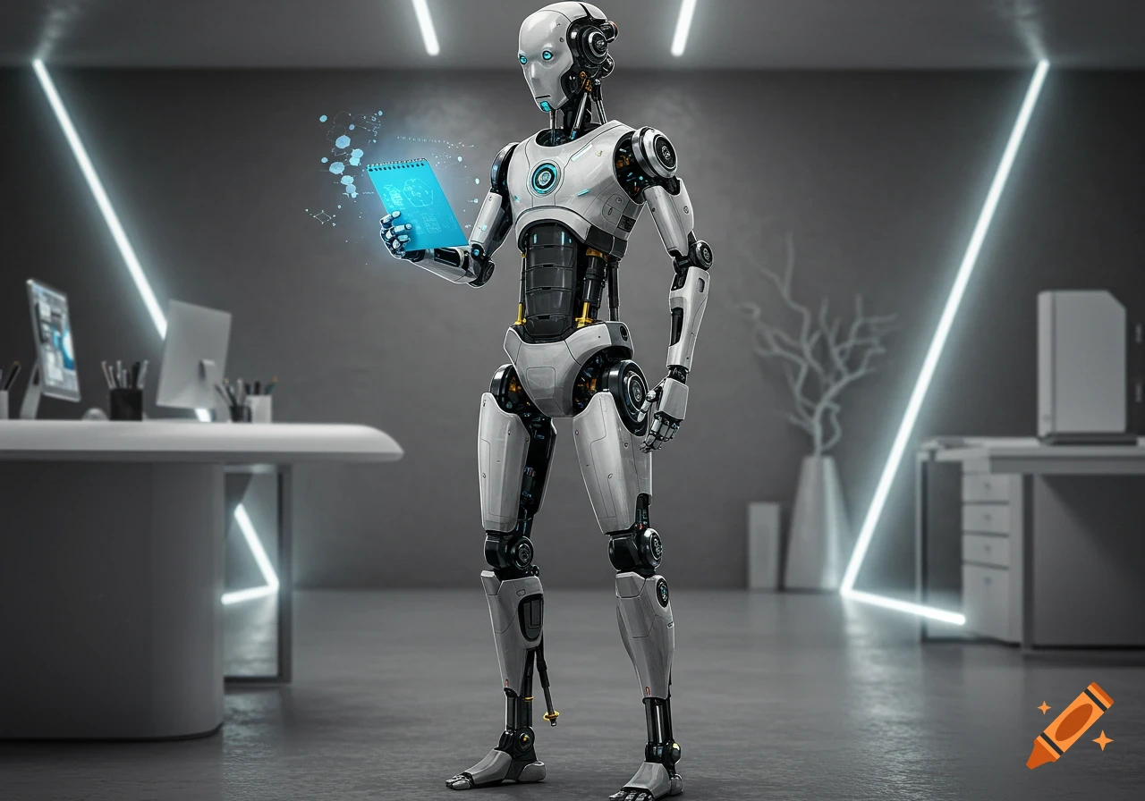 A photorealistic robot with white and black plating stands in a modern office, holding a glowing blue tablet displaying a brain icon and data.