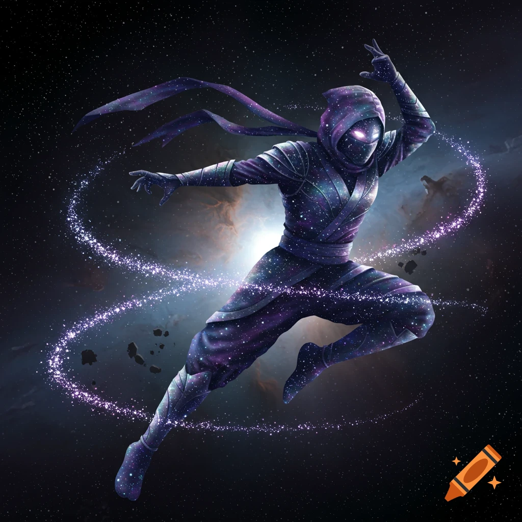A galaxy ninja in a star-patterned suit with glowing eyes leaps through space, surrounded by a swirling trail of purple magic.