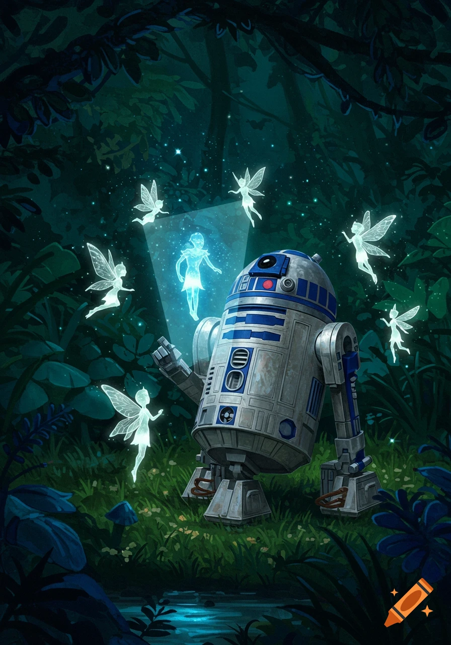 R2-D2 projects a blue hologram of a figure, surrounded by glowing fairies in a dark, lush forest, illustration.
