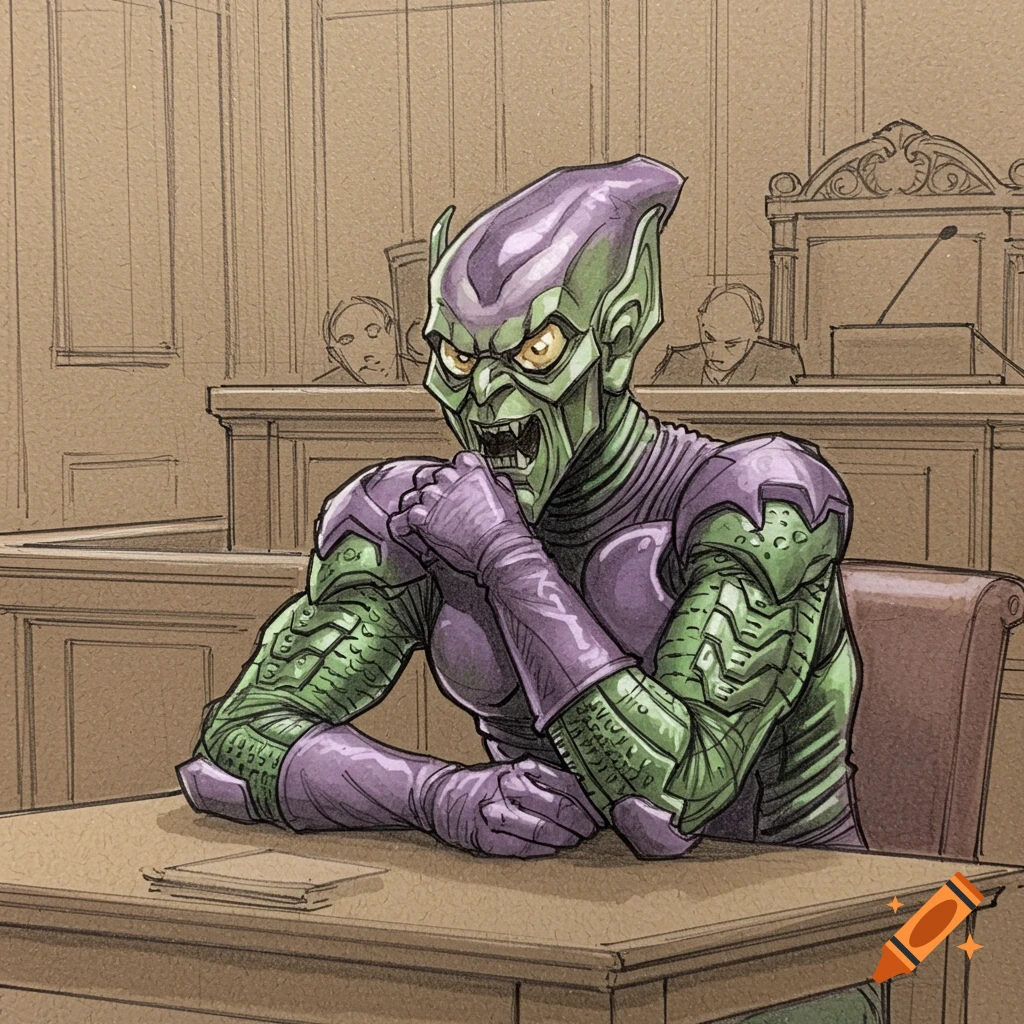 Green Goblin, a Marvel supervillain, sits menacingly at a table in a court sketch art style.