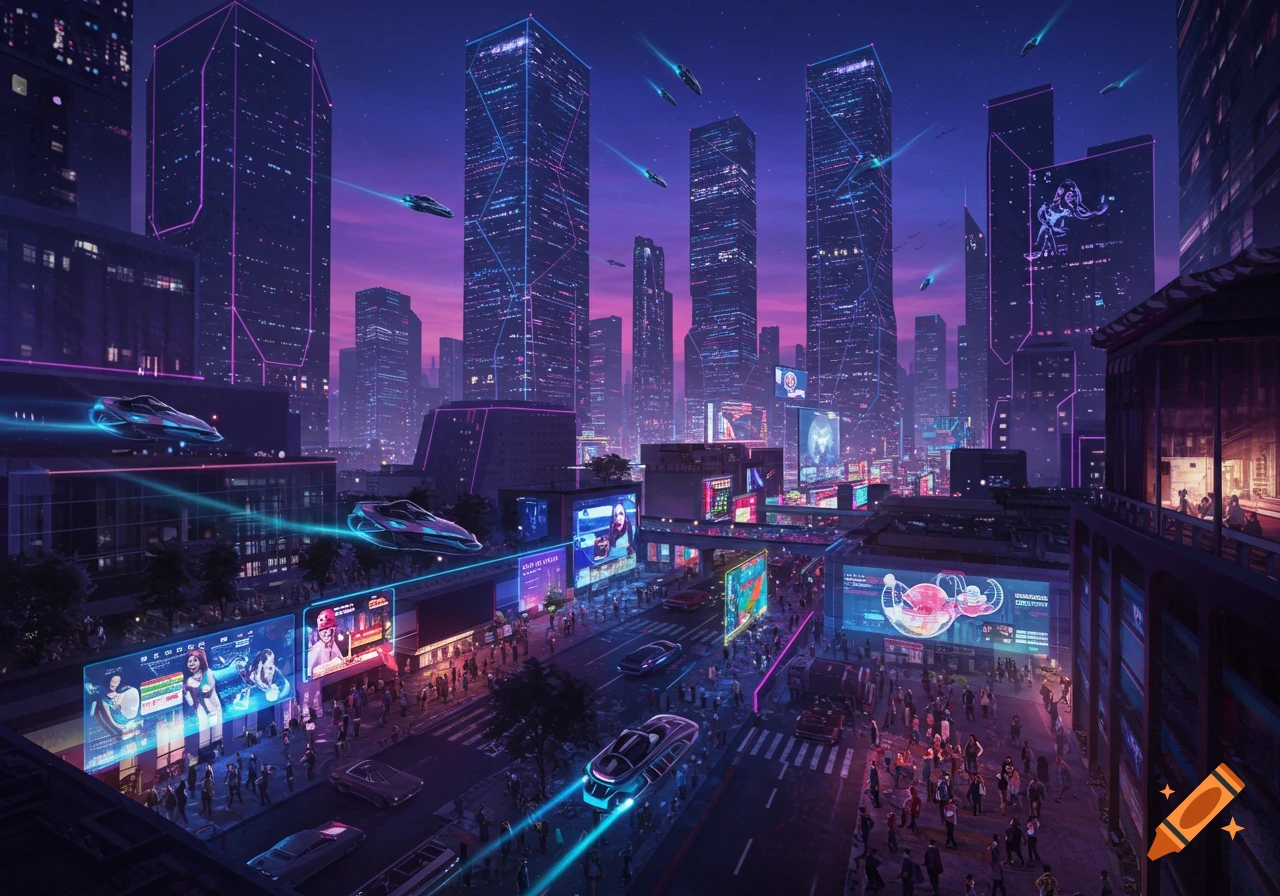 A vibrant cyberpunk cityscape at night with towering skyscrapers, crowded streets, flying vehicles, and numerous glowing digital billboards.