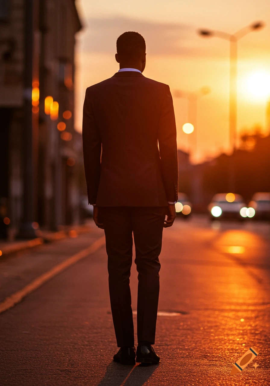 A photorealistic image of a man in a suit, seen from behind, walking on a city street at sunset.