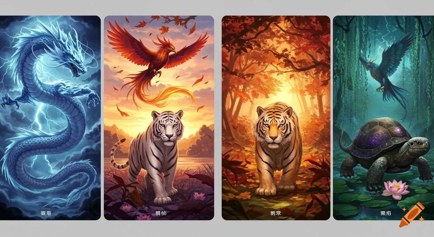 Four stylized vertical cards depicting mythical creatures: a blue lightning dragon, a red phoenix above a white tiger, an orange tiger in an autumn forest, and a tortoise with a bird above it in a jungle.
