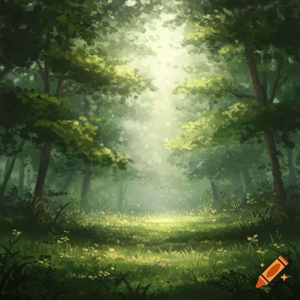 Digital painting of a sun-dappled forest path with sunlight streaming through green trees onto a grassy floor.
