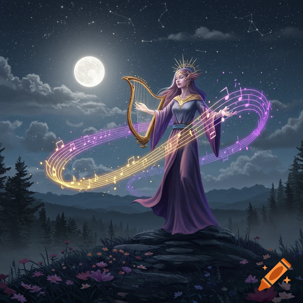 A fantasy woman in purple plays a golden harp under a full moon, with glowing musical notes swirling around her in a mystical mountain night.
