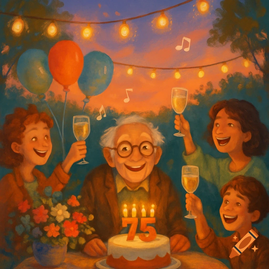 A smiling elderly man celebrates his 75th birthday outdoors at sunset with a cake, balloons, and three family members toasting in a painterly style.