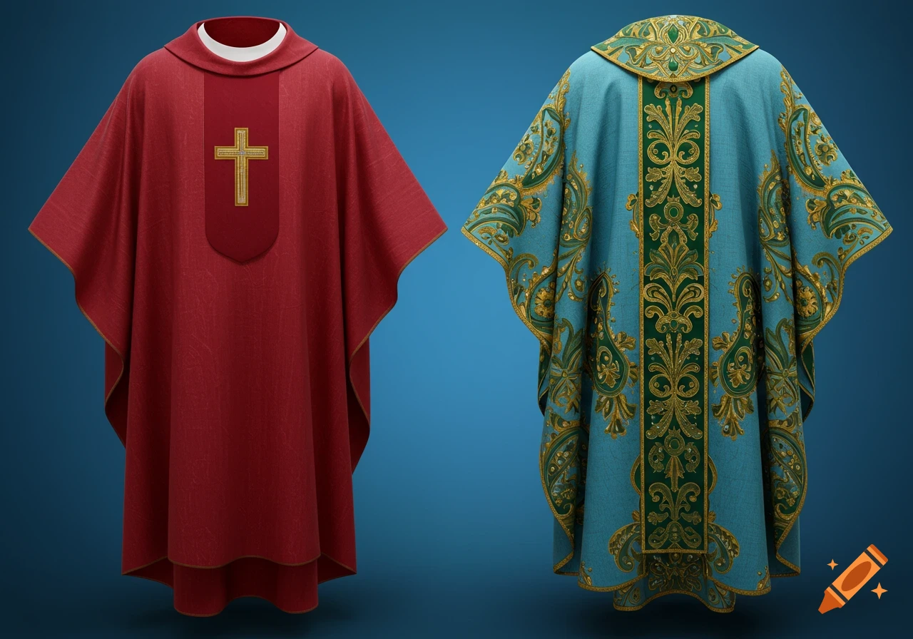 Two ornate chasubles: one red with a golden cross, and one teal with gold and green paisley patterns.