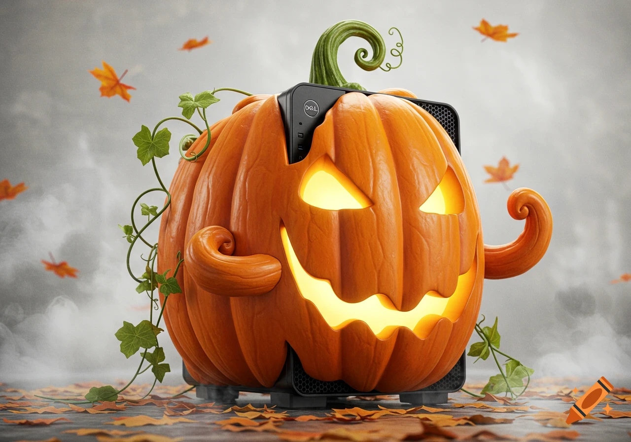 A glowing jack-o'-lantern pumpkin with a black Dell computer case integrated into its top, surrounded by autumn leaves and mist.
