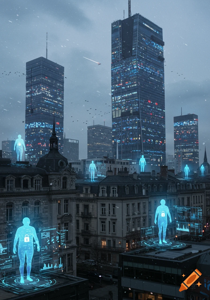 A dark, futuristic city skyline under a snowy sky, featuring illuminated skyscrapers and holographic blue human figures with data displays on rooftops.