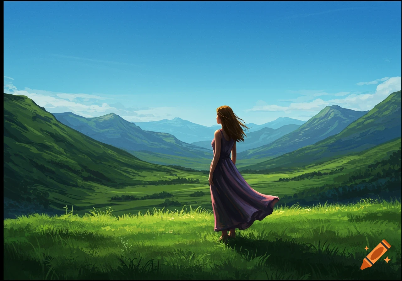 An illustration of a woman in a purple dress standing in a vast green valley, looking towards distant mountains under a clear blue sky.