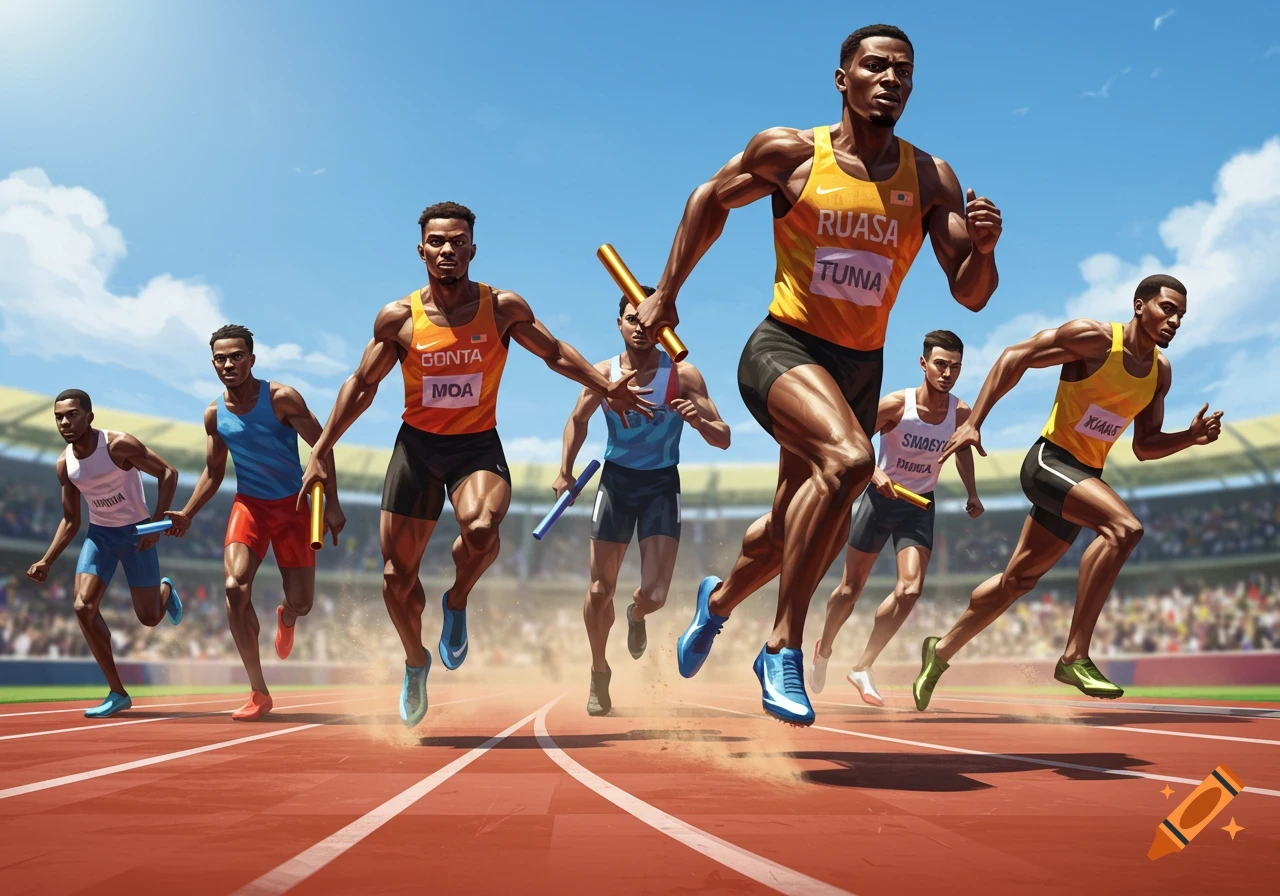 Male athletes running a relay race on a track in a stadium under a blue sky.