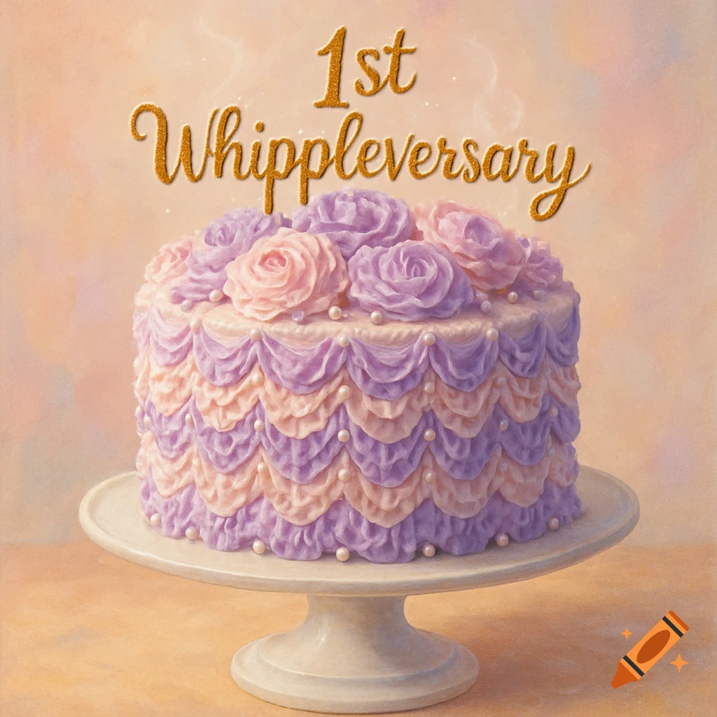 A beautifully decorated purple and pink tiered cake with frosting roses and pearls, with '1st Whippleversary' written above it, on a white cake stand.