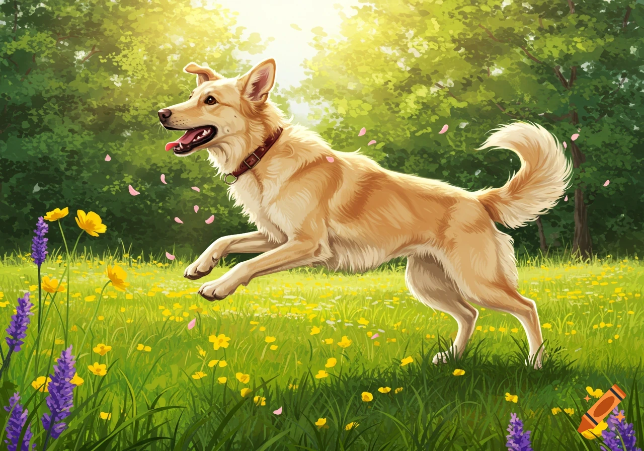 A golden-colored dog leaps through a sunny, green field adorned with yellow and purple flowers, pink petals falling around.