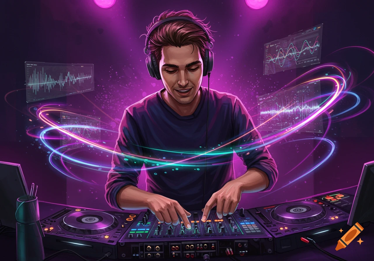 A young male DJ with headphones is actively mixing music on a console, surrounded by vibrant purple and blue neon lights and abstract light trails in a stylized, dark setting with floating screens displaying sound waves.
