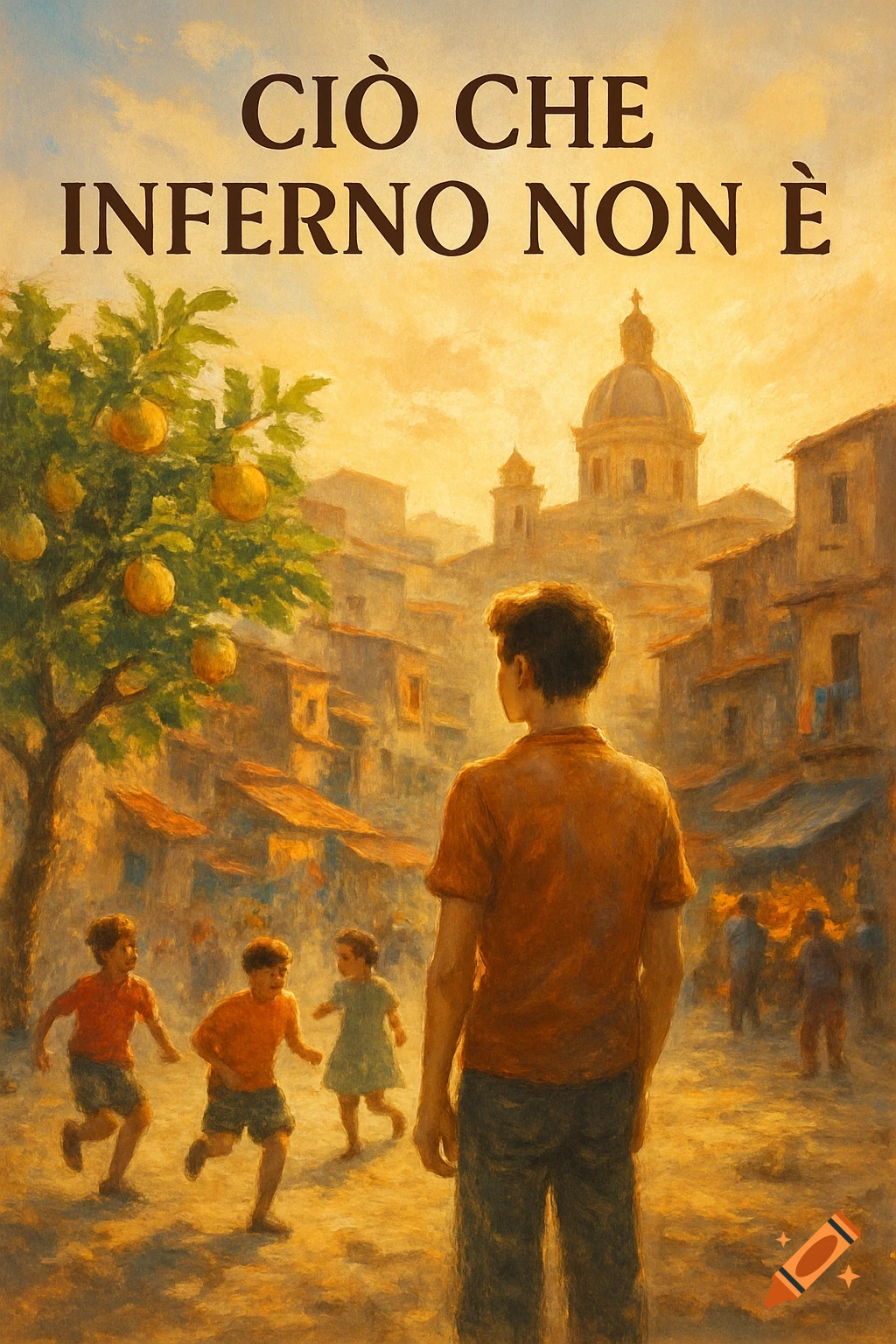 Painterly scene of a boy watching children play in a sunny old town street with a church dome. Text: CIÒ CHE INFERNO NON È.