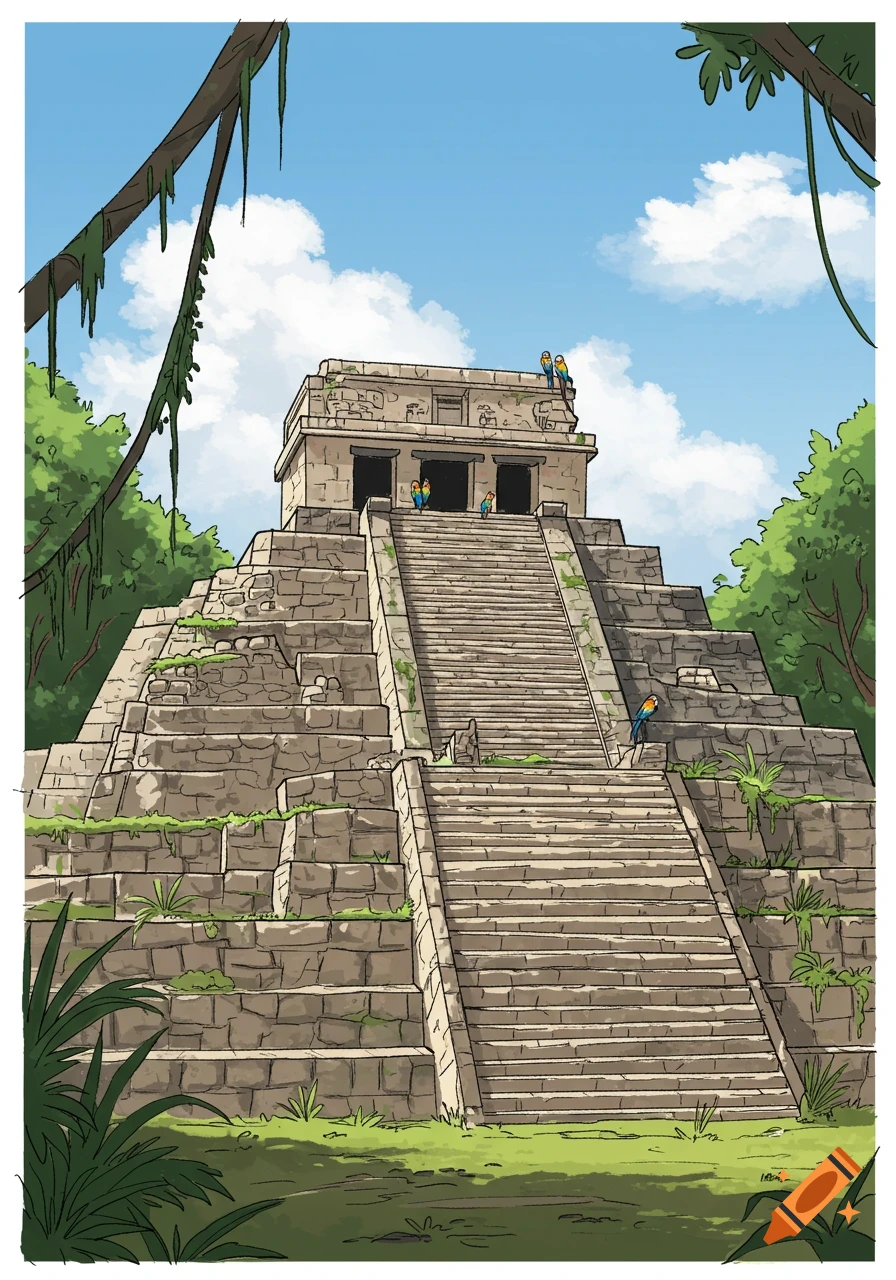 A stylized drawing of ancient Mayan ruins in a lush jungle, with colorful parrots perched on the stone steps and temple.