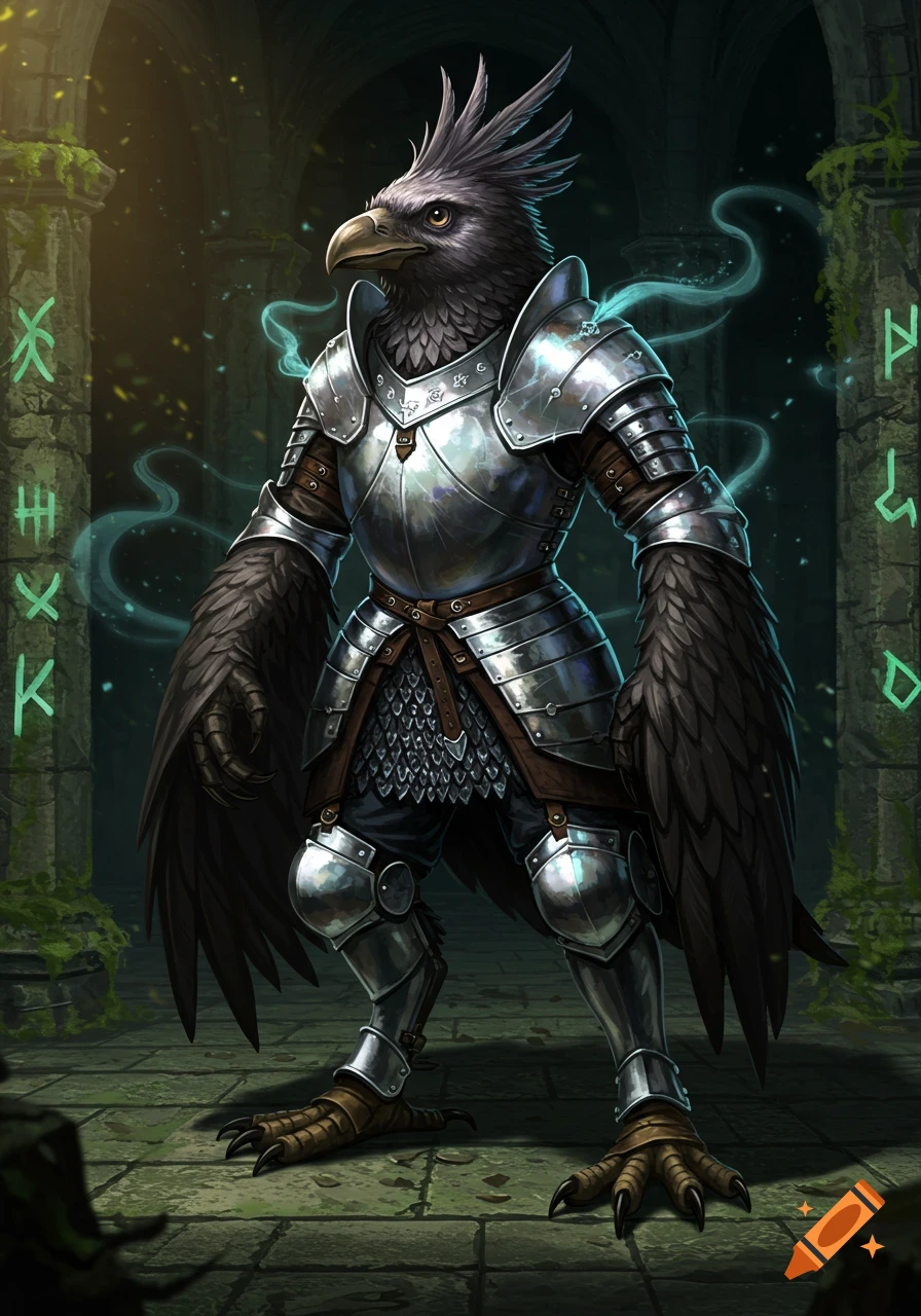 A feathered bird-person warrior in full plate armor stands in a mossy, runic ruin, glowing with magic.