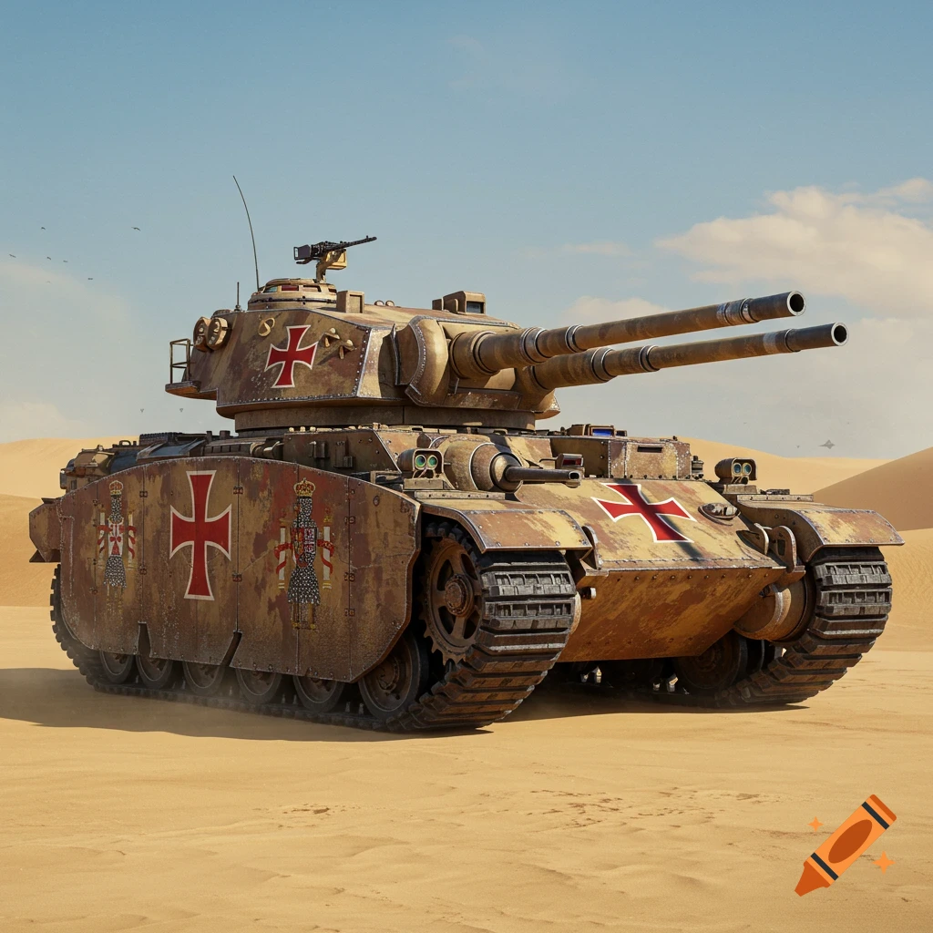 A massive, detailed Spanish super-heavy tank with twin cannons and a desert camouflage, featuring medieval Spanish motifs like the Cross of Santiago, standing in a sandy desert.