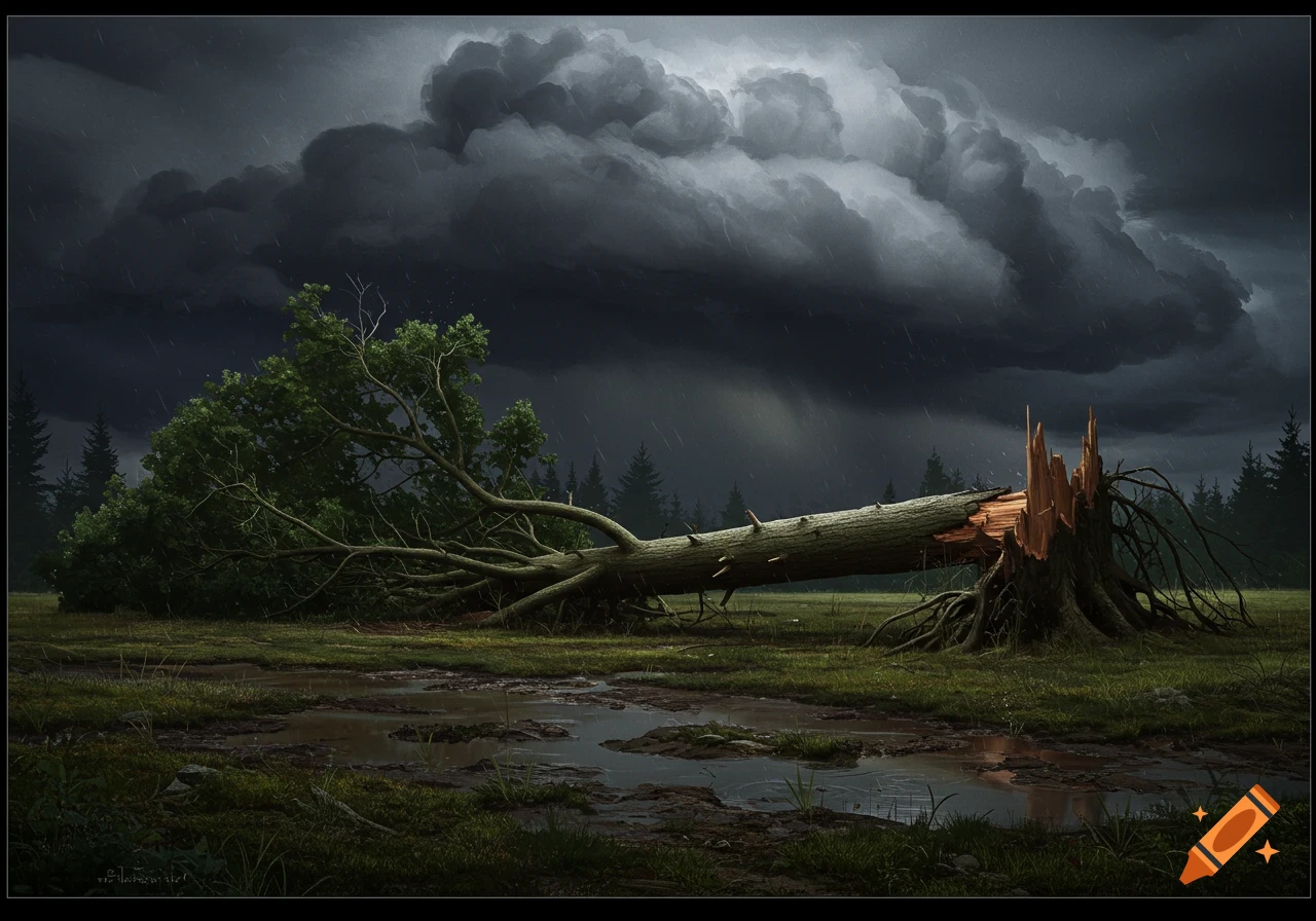 A large fallen tree lies in a muddy field with puddles under a dark, dramatic storm cloud with rain.