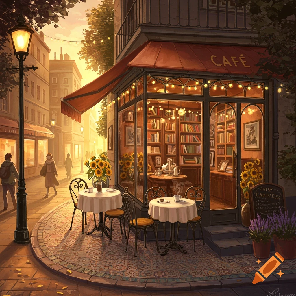 Charming cafe with outdoor seating and a book-lined interior, illuminated by warm lights at sunset on a city street.