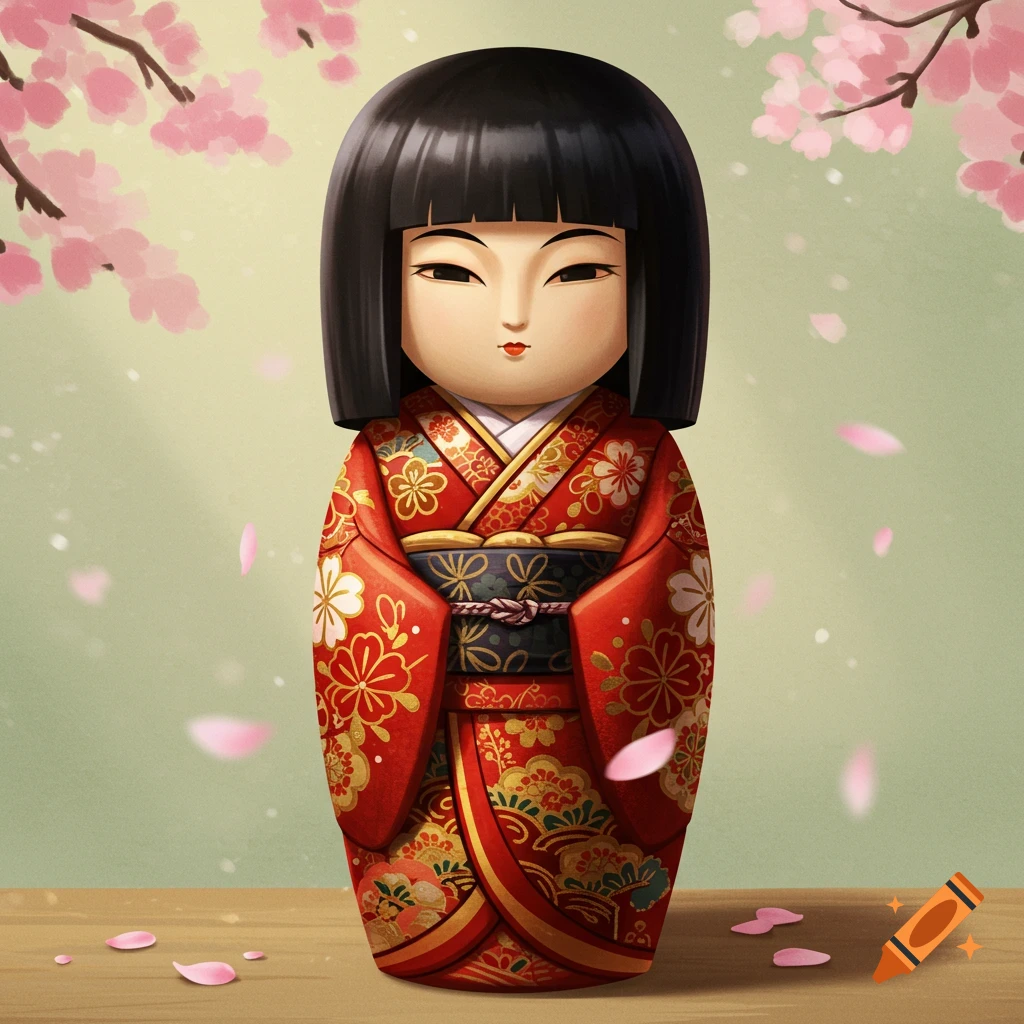 Traditional Japanese Kokeshi doll in a red kimono with cherry blossoms, art style.