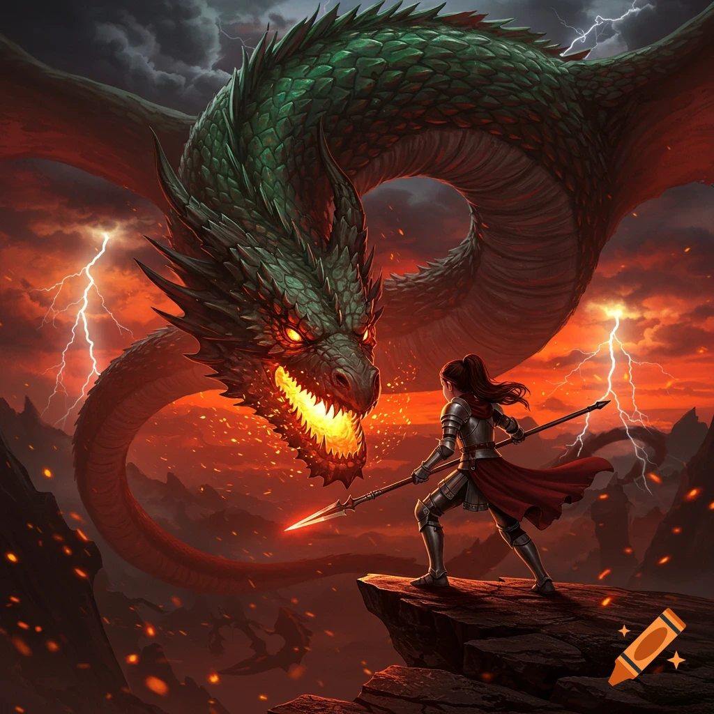 A warrior in armor confronts a massive green dragon breathing fire under a lightning-filled, orange sky.