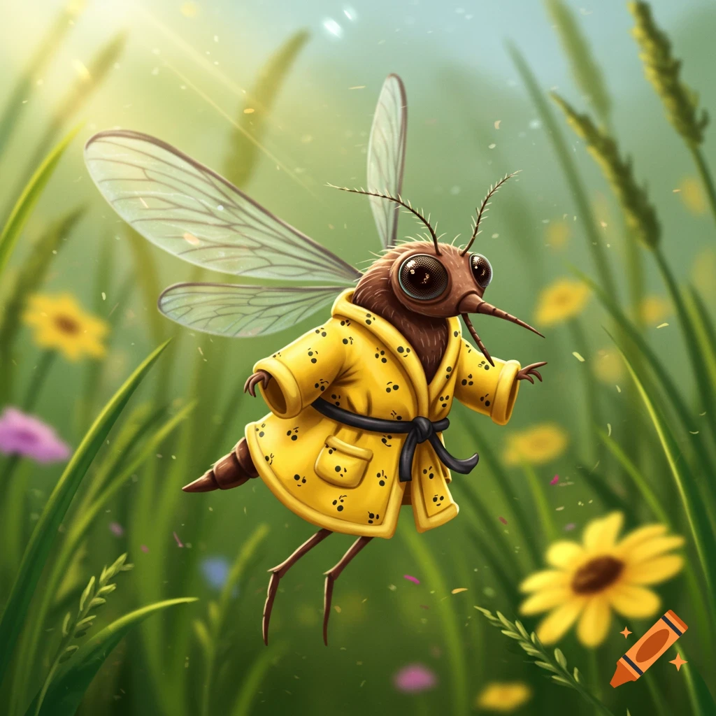 A cute cartoon mosquito wearing a yellow dotted bathrobe with a black sash, flying in a vibrant green field with yellow flowers under sunlight.