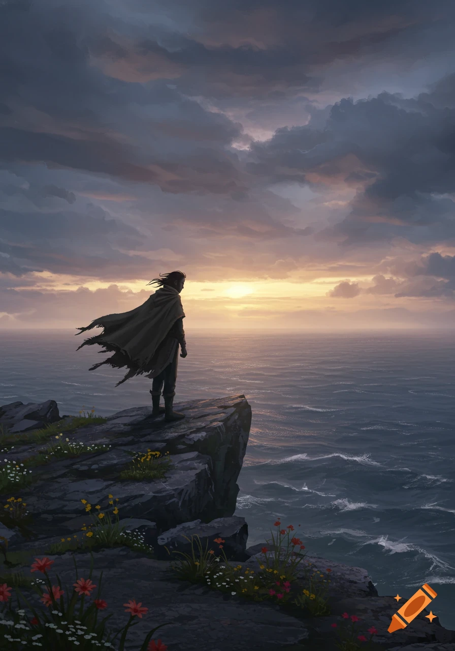 A lone figure in a tattered cloak stands on a rocky cliff overlooking a stormy ocean at sunset, in a dramatic fantasy painting.