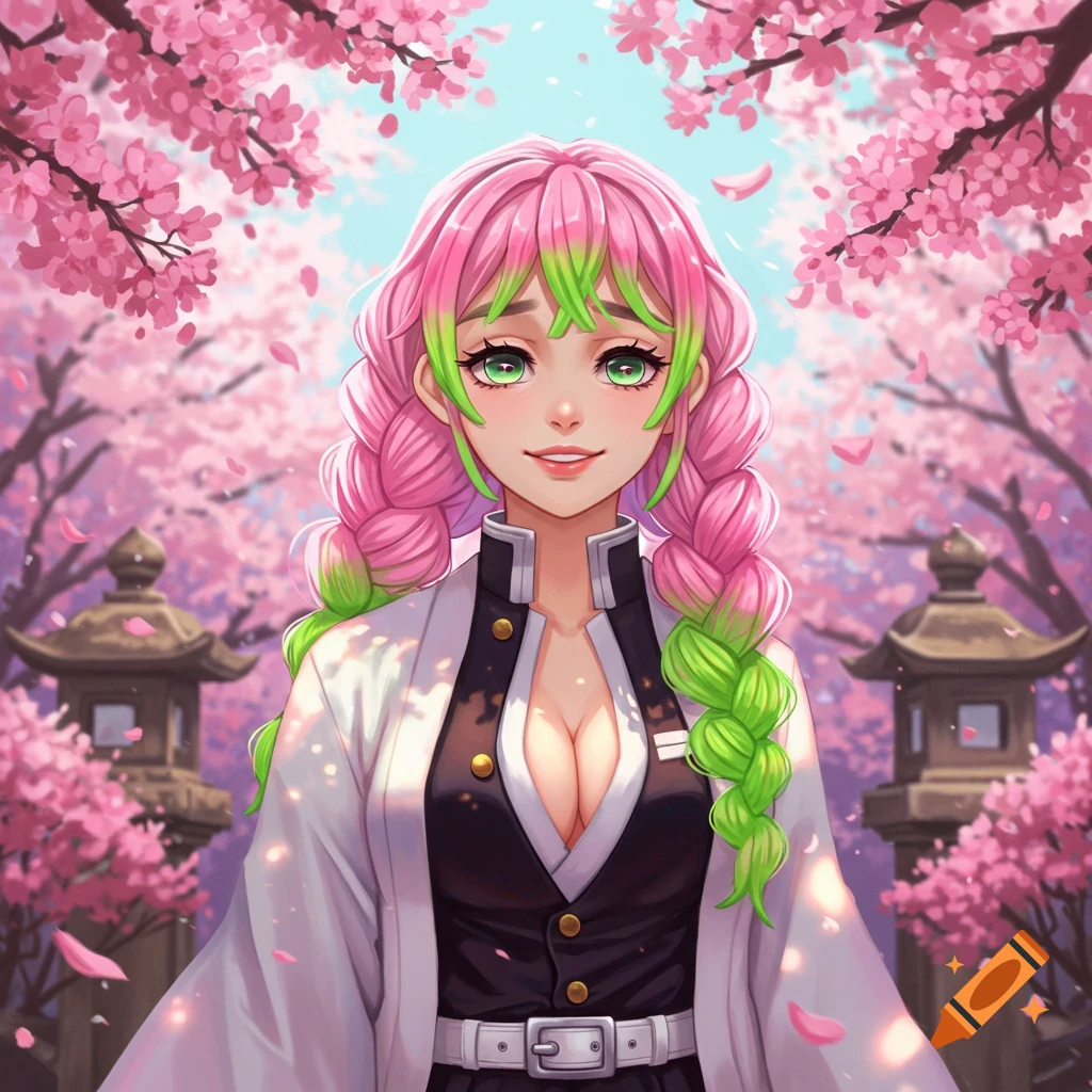 Anime woman with pink and green braided hair in a uniform, smiling in a cherry blossom garden with temples.