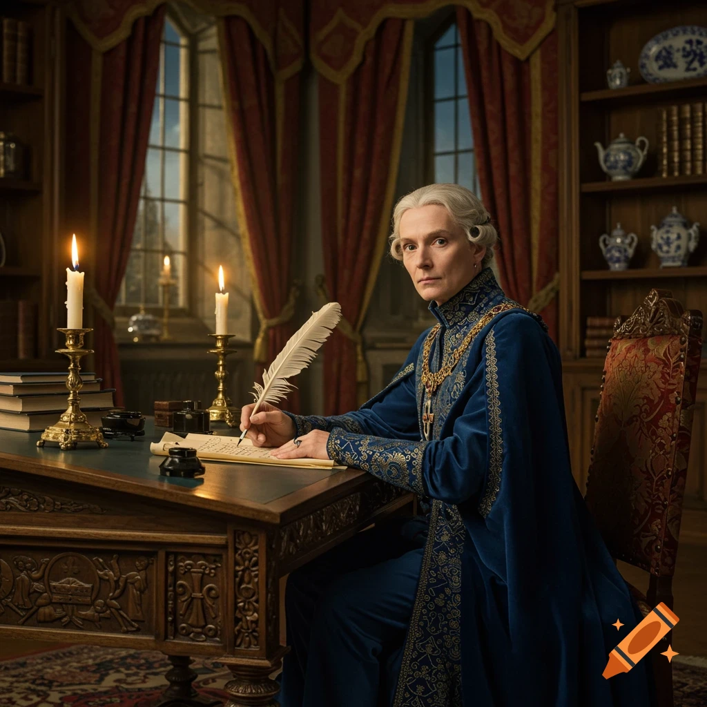 A grey-haired woman in a blue velvet gown writes with a quill at a wooden desk in a richly decorated, historical room.
