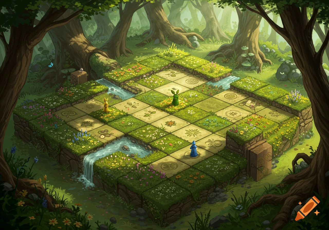 An isometric fantasy game board set in a lush forest, with grassy tiles, a winding stream, and small colorful figures.