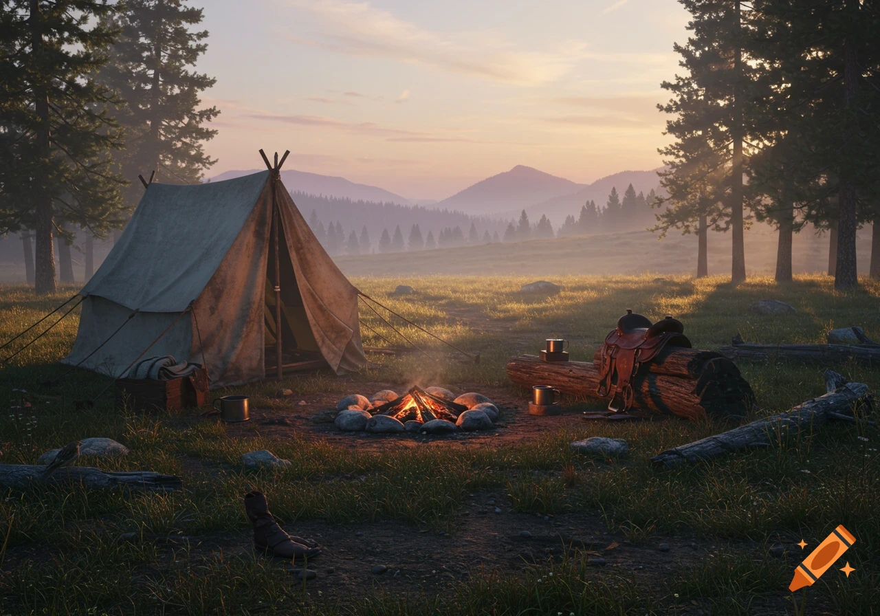 A rustic canvas tent and glowing campfire in a misty forest clearing at dawn, with mountains in the background.