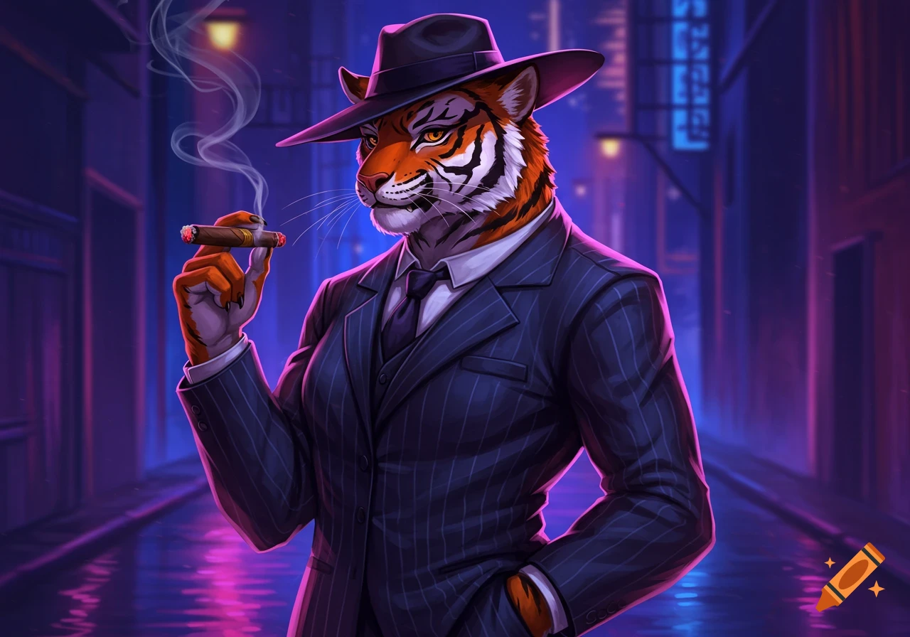 An anthropomorphic tiger in a pinstripe suit and fedora smokes a cigar in a neon-lit alley.