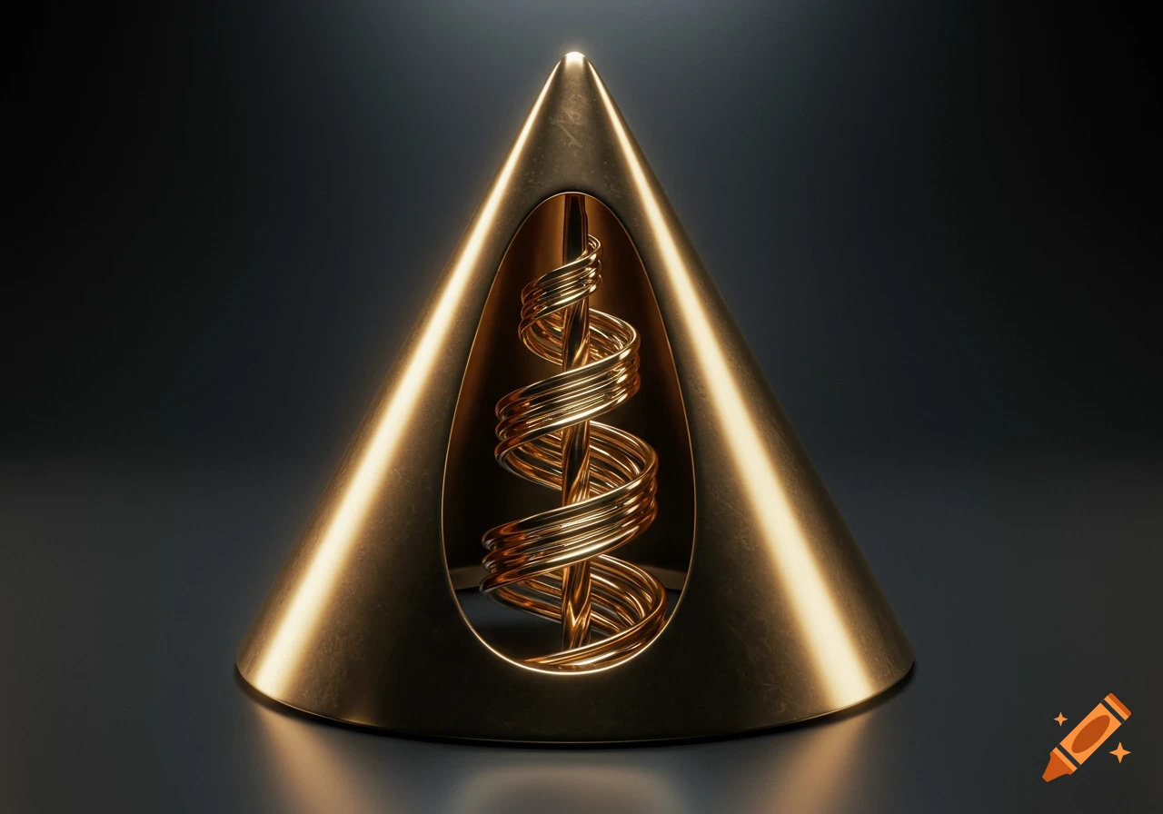 A bronze cone-shaped sculpture with an ornate golden spiral helix inside, rendered against a dark, reflective background.