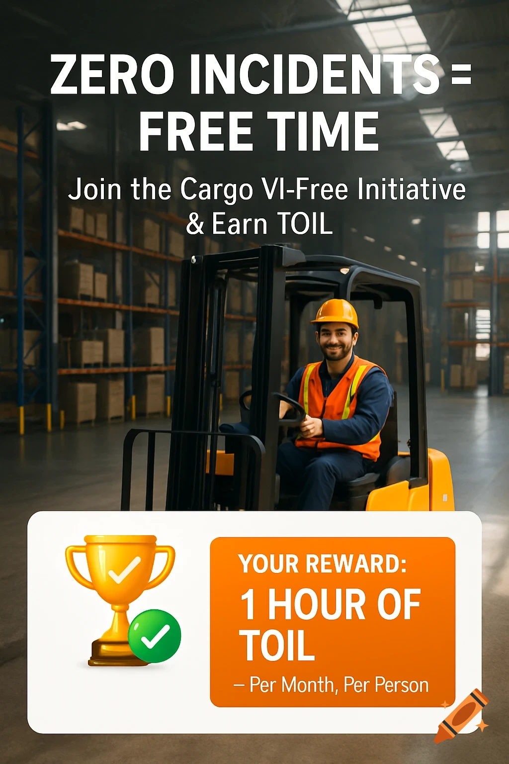 A promotional poster features a smiling man in a hard hat and safety vest operating a forklift in a warehouse, with text about a safety initiative and a reward of "1 HOUR OF TOIL".