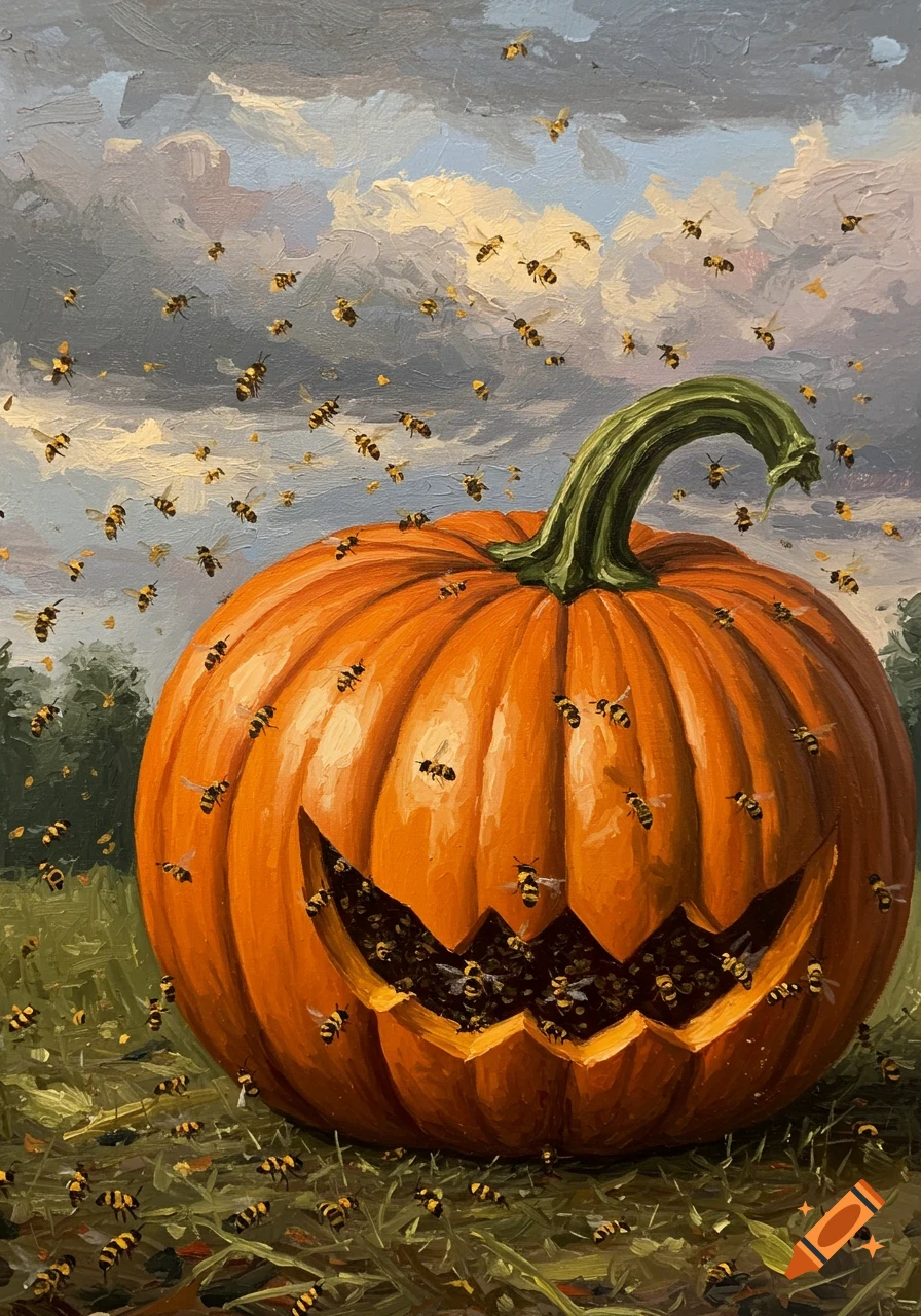 An oil painting of a carved Halloween pumpkin swarming with millions of bees under a cloudy sky in a grassy field.