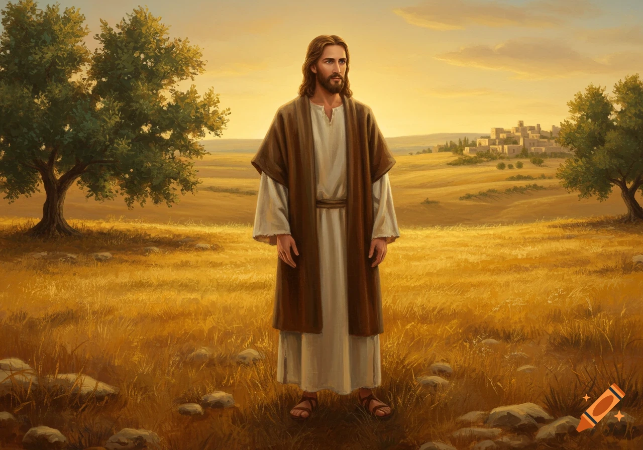 A man resembling Jesus in a brown robe stands in a golden field with trees and a village under a sunset sky, painted realistically.
