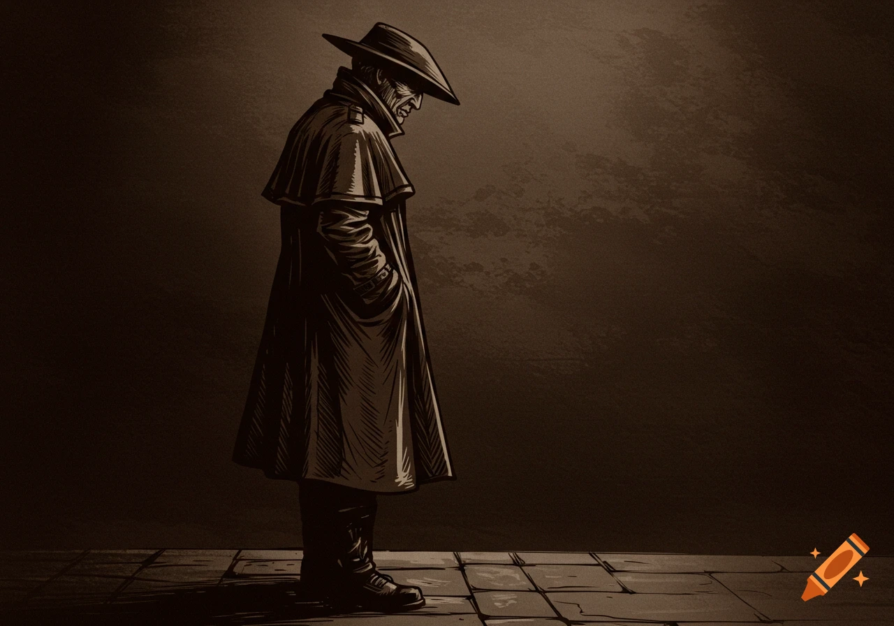 Sepia-toned illustration of a man in a wide-brimmed hat and trench coat, looking down, in a dark, atmospheric style.