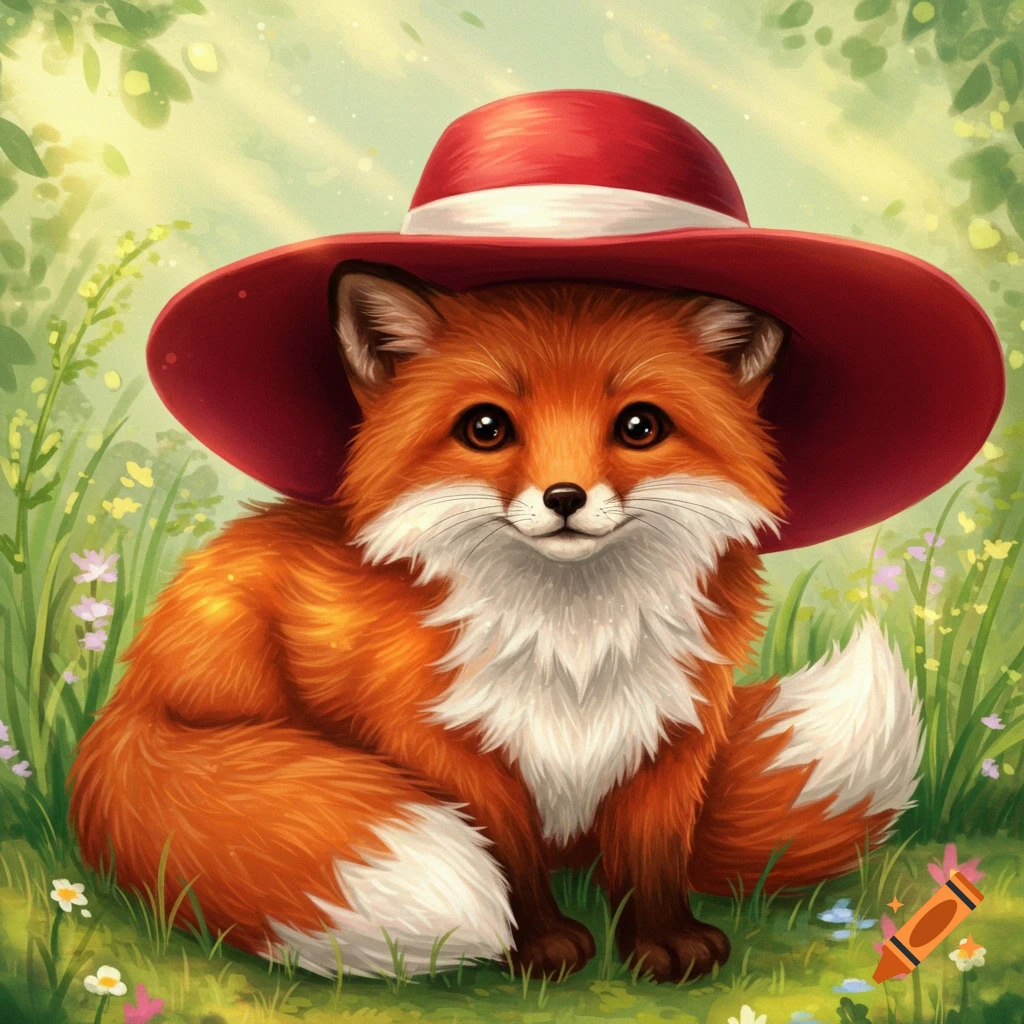 A cute fluffy fox with big eyes wearing a red hat, sitting in a sunny field with flowers.