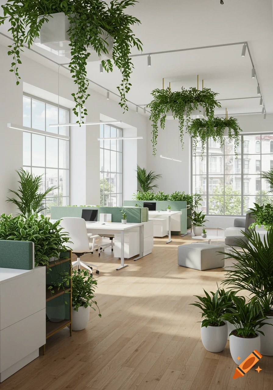 A modern, bright office space with large windows, white desks, green plant dividers, and numerous hanging and potted plants.