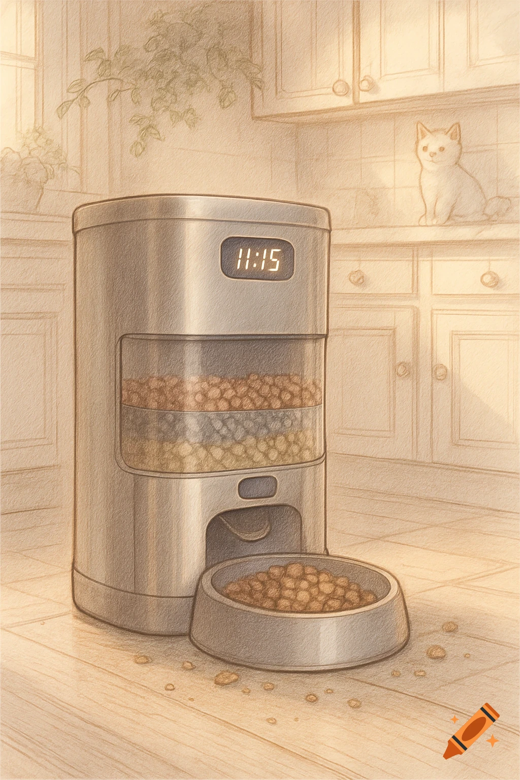 A sepia-toned illustration of an automatic pet feeder displaying 11:15, with a bowl of food and a white cat on a counter in a kitchen.
