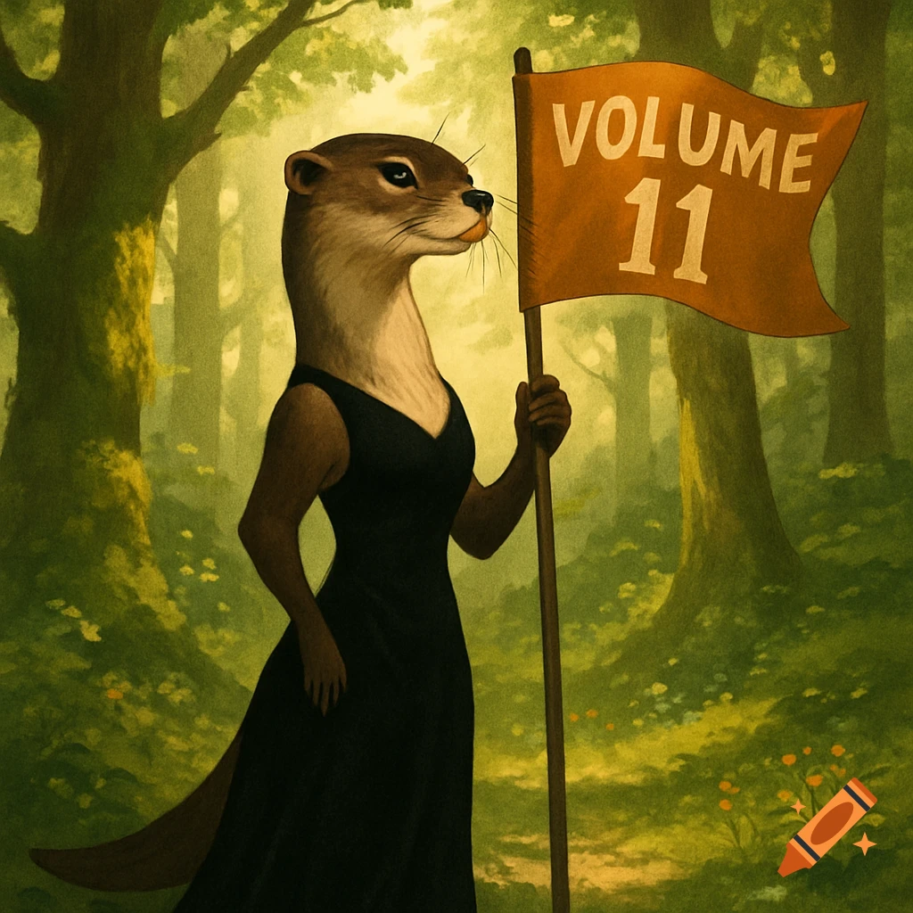 A graceful female otter in a black dress stands in a vibrant forest, holding an orange flag that reads 'VOLUME 11'.