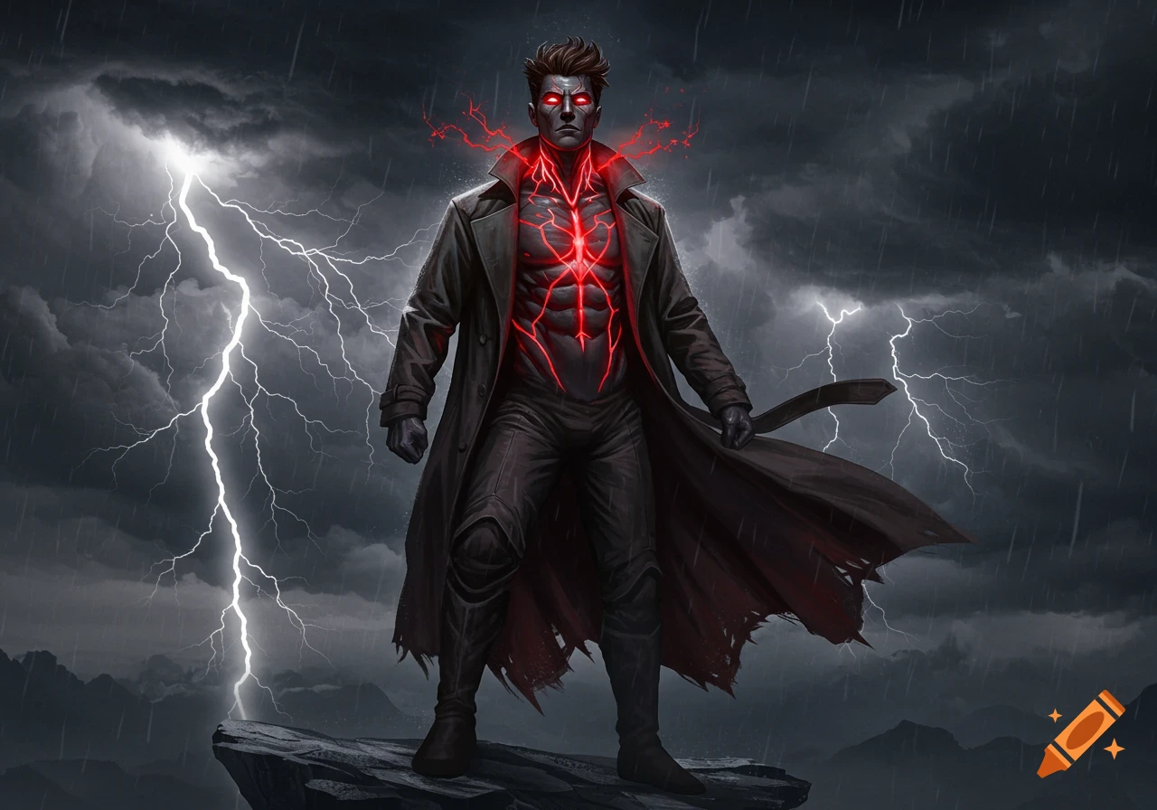 A powerful hero in a dark trench coat with glowing red lines on his chest and neck, standing on a cliff during a lightning storm, digital art.