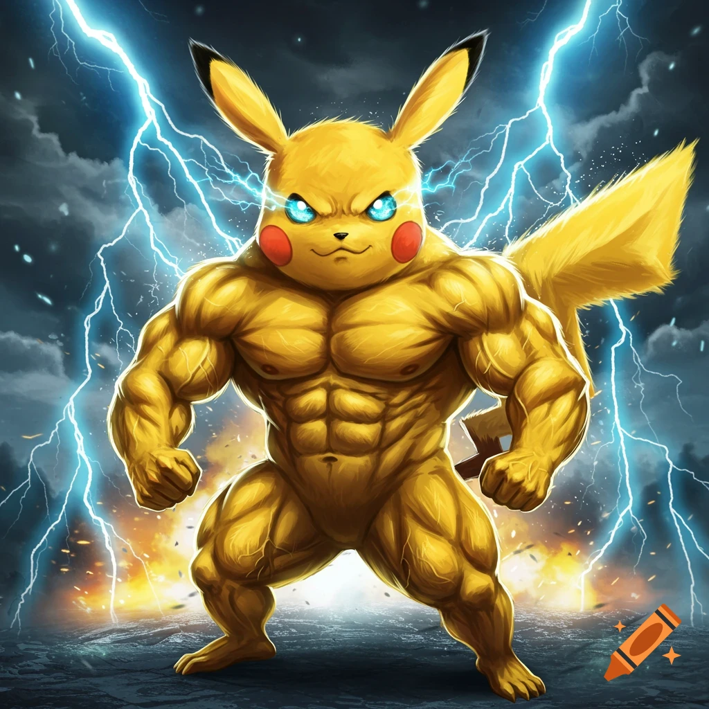 A muscular, yellow Pikachu with glowing blue eyes flexes in a 'Giga Chad' pose amidst a stormy sky with bright blue lightning.