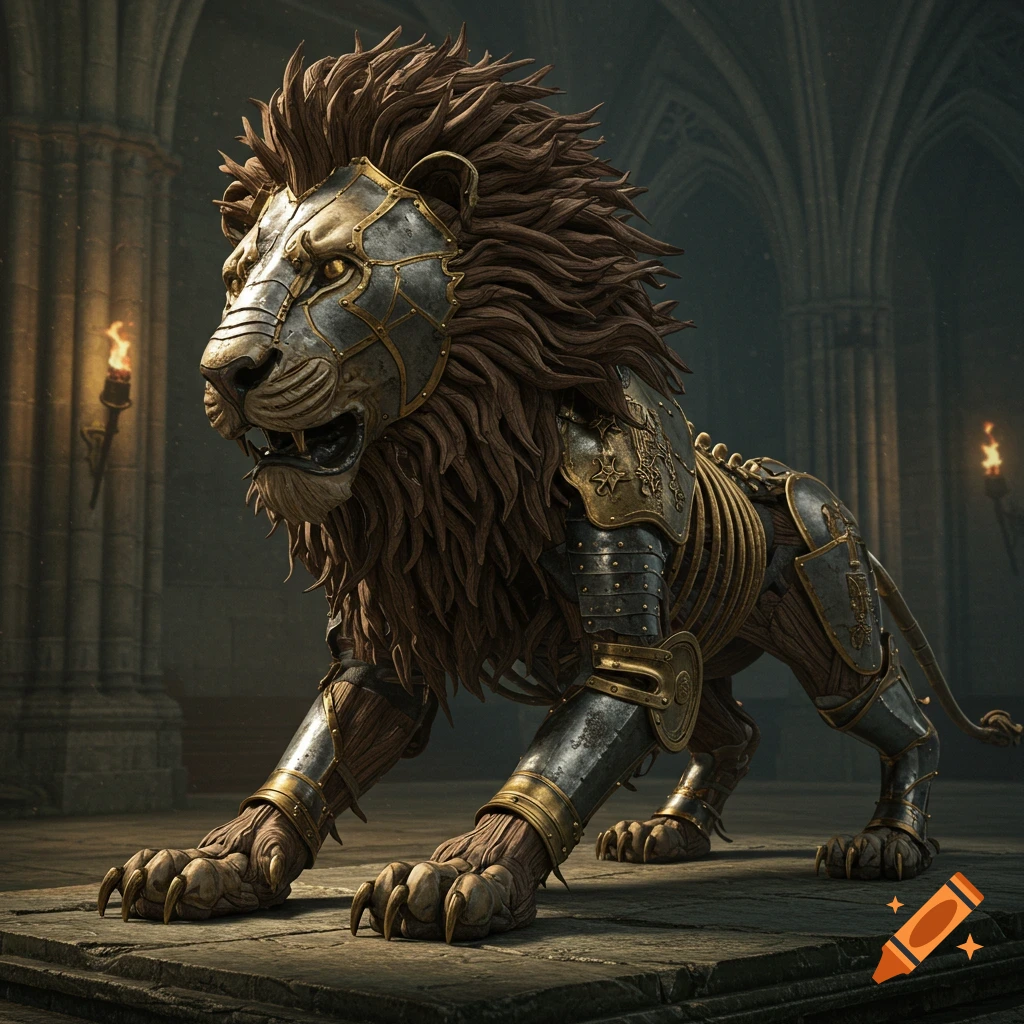 A majestic lion sculpture in medieval armor and wood, standing in a dark, vaulted hall with ominous lighting.