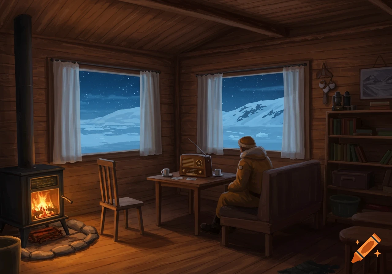 Illustration of a person in a cozy wooden cabin, looking out at a snowy Antarctic landscape while listening to a radio.