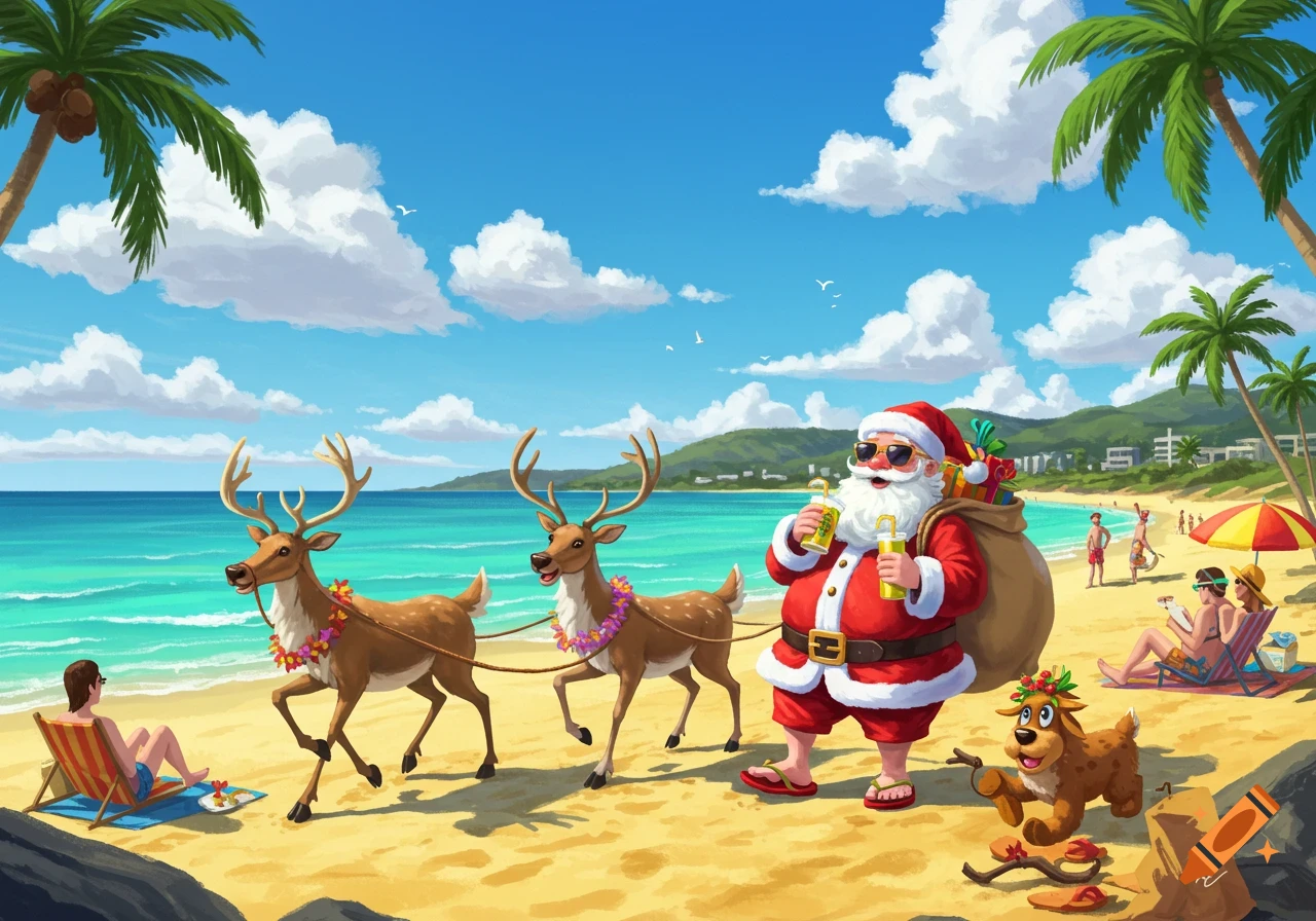 Cartoon Santa, two reindeer, and a dog stroll on a sunny tropical beach with palm trees and people in a vibrant style.